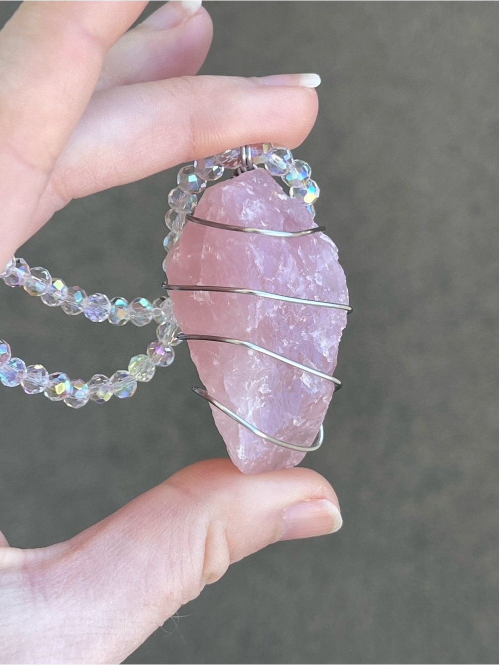 Raw Rose Quartz Stainless Steel Silver Wire Wrap Necklace White AB Glads Beads
